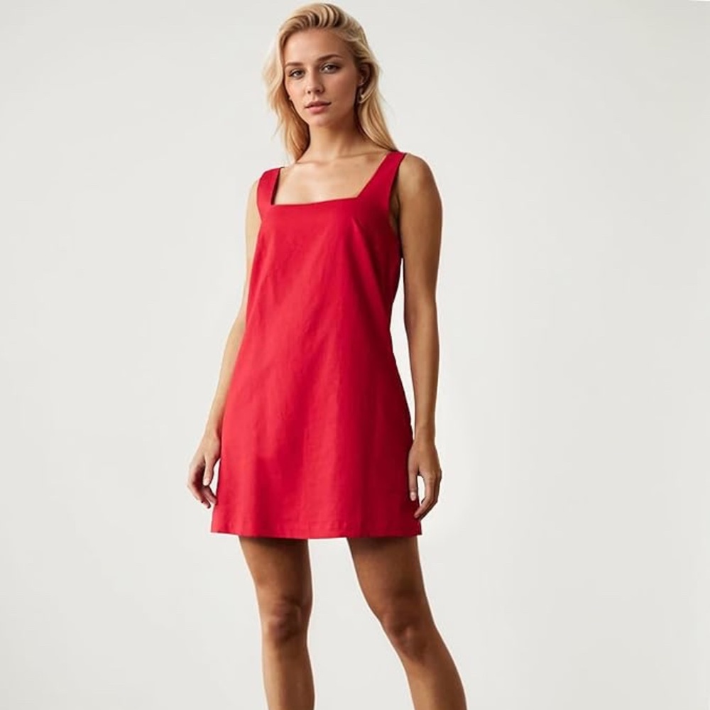 Red Sleeveless Cotton Linen Mini Dress Casual Square Neck Backless Short Size L